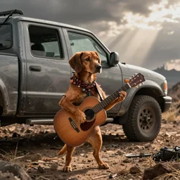 A folkpunk brown hound dog playing the guitar in front of a pickup truck after the apocalypse