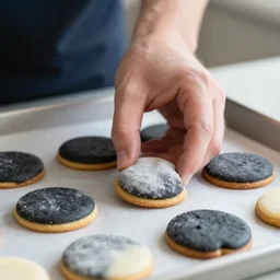 close up of a man's hand frosting black and white cookies