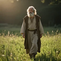 old prophet wandering about a meadow. dramatic backlighting