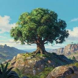 fantasy tree in the rocky hills, Low level, rendered by Beeple, Makoto Shinkai, syd meade, simon stålenhag, synthwave style, digital art, unreal engine, WLOP, trending on artstation, 4K UHD image, octane render,
