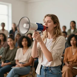 a white woman talking through a megaphone, a room full of women of colour
