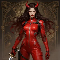 portrait of a female demon wearing a skintight red mechanics jumpsuit holding a sword!!, intricate, elegant, highly detailed, digital painting, artstation, concept art, smooth, sharp focus, illustration, art by artgerm and greg rutkowski and alphonse mucha, 8 k