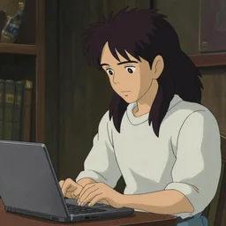 tanned guy with long black hair using a laptop, art by hayao miyazaki, studio ghibli film