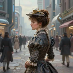 portrait of a victorian lady in a futuristic city, from behind, streets, beautiful, crowd of people, highly detailed, digital painting