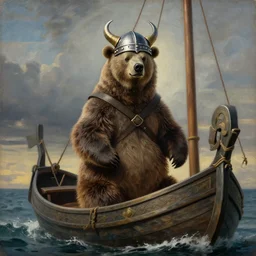 Hyperrealistic neoclassical painting of a bear wearing a viking helmet on a boat to valhalla