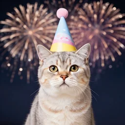 a photo of a Cat wearing a birthday hat, studio portrait, fireworks in background