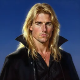 long blond haired tom cruise as vampire lestat de lioncourt, portrait, illustration, rim light, top light, outdoors, summer clear night sky, perfectly shaded, soft painting, epic, intricate, art by krenz cushart and wenjun lin