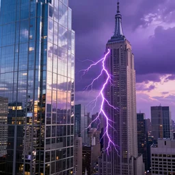 of a futuristic photo - realistic new york city with mirrored windows in shiny crystalline : 7, purple lightening : 1 2, octane render, clouds : 5, violet sun : 9, in the style of sahm : 2 8, hd, ultra - realistic, hyper - realistic, digital art,