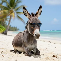 donkey (wearing sunglasses) seated on the sand, tropical