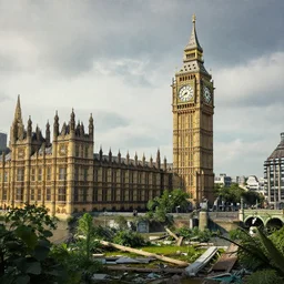 overgrown london in ruins, big ben, tower bridge, highly detailed, 4k, HDR, award-winning, octane render, artstation