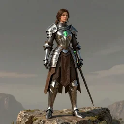 photo of one beautiful medieval-female-scout in brown plated armor with green crystals, on a cliff, elegant, highly detailed, smooth, sharp focus, illustration, beautiful, geometric, trending on artstation, unreal engine, octane render, cinematic, artwork by WLOP