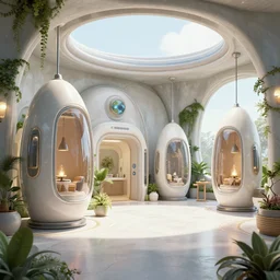 hospital with futuristic survival pods, atlantis, magical, bohemian, natural light, octane render, beautiful, eco art, architecture, archvis, y 2 k