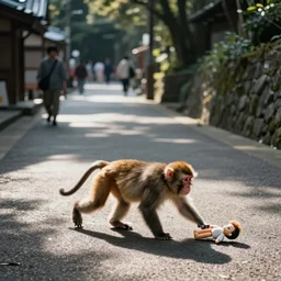 a tight shot of a monkey dragging a doll in the street in Japan by Yoji Shinkawa and Ashley Wood, rule of thirds