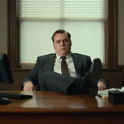 cinematic film still from 1994 film: portly clean-shaven white man wearing suit and necktie at his desk. He has his right foot propped up on his desk. XF IQ4, f/1.4, ISO 200, 1/160s, 8K, RAW, dramatic lighting, symmetrical balance, in-frame