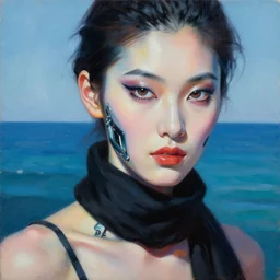 photorealism oil painting, close - up portrait of cyborg fashion model with artblock generative art skin, black scarf, ocean background mixed with generative art from artblock, in style of classicism mixed with 8 0 s japanese sci - fi books art