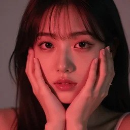 a close up shot of a young woman holding her face which is illuminated by red light by kang, hyung koo, callas sigma 8 5 mm f / 1. 4.