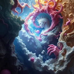 the dream of creation, metaphysical art, abstract representation, fantasy, surrealism, zbrush, unreal engine, vibrant, detailed, by denis peterson and diego koi