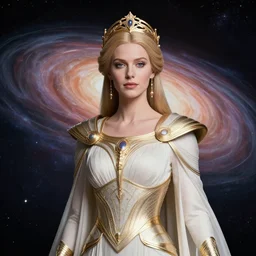 portrait of the powerful empress of the solar system in the style of anna dittmann and in the style of artem chebokha. glowing, ornate and intricate linework, stunning, dynamic lighting, ultrafine and hyperdetailed.