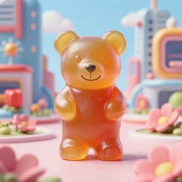 portrait of haribo bear in future city, color and shape focus, central composition, natural light, bloom, puff, by simon stalenhag and r