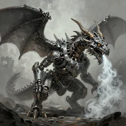 gritty painting of a mechanical dragon breathing poisonous gas, digital art, artstation, low tones, low saturation