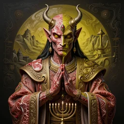 a priest with a devils mind, skin made of intricate wagyu, by asaf hanuka, split - complementary - colors, oliven oil, insanely detailed and intricate, elegant, ornate, hyper realistic, surrealist, artstation, by david mann