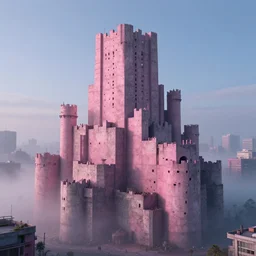 brutalist urban castle, concrete, in faded pink, morning fog, blue hour, archviz, cgi, trending on artstation, corona renderer, unreal engine, ray tracing, 3 ds max, cinematic, city in the background
