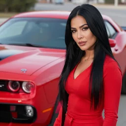 woman with long black hair wearing red clothes standing next to a red 2021 dodge challenger r/t, 8k, detailed face,
