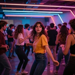 friends dancing facing / looking the camera, crowd in the back, neon lines, colorful, abstract style