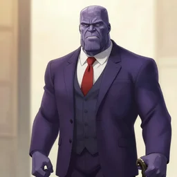 thanos from avengers endgame wearing a suit as a lawyer.