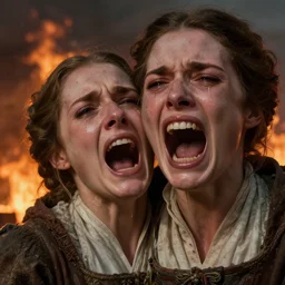 very very very closeup of a noblewoman screaming in despair as her home burns, by Greg Rutkowski Thomas Kincade, detailed, 4k, cinematic, intense, gritty, fantasy, two characters, tragedy, faces visible, tears
