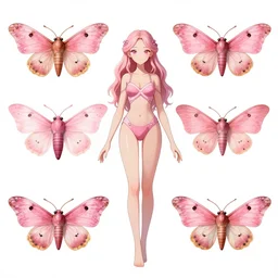 character design sheets of a rosy maple moth humanoid lady in the calarts art style, art by tim burton, art by vivienne medrano, by pixar, two dimensional, colored pencils, drawing sketches, creative, unique, high quality, real life, cinematic shot