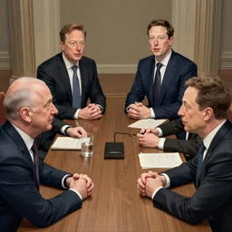 cell shaded illustration of a meeting between elon musk, mark zuckerberg, jeff bezos, very detailled, by artgem, greg rutkowski