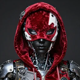 highly detailed and decorated black albino, all dressed in metalic fabric and robots parts of fabric, beautiful face and eyes, robotic mask on his face, red velvet fabric made of paint, white accents, celshading, sharp focus, intricate, detailed, by rhads, andreas rocha, makoto shinkai, lois van baarle, ilya kuvshinov and greg rutkowski