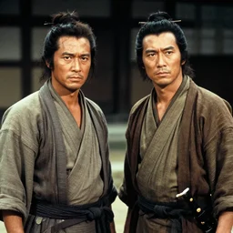 clint eastwood and toshiro mifune as a ronin samurai brothers, in robes, in the movie seven samurai ( 1 9 5 4 ). grainy movie still, high detail