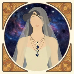 a portrait of a gal gadot as an androgynous druid spirit wearing five necklaces of moons and stars, draped in transparent cloth, flat colors, occult, minimal, swirly, bust by alphonse mucha, decorative art nouveau border, astrophotography, vast cosmos, detailed book illustration, trending on artstation