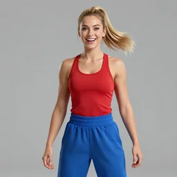an athletic young woman with blonde ponytails, a happy and enthusiastic expression, wearing a red tank top and voluminous blue pants, medium shot, highly detailed digital panting