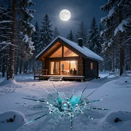 winter forest cabin during a moonlight blizzard, by petros afshar, ross tran, peter mohrbacher, tom whalen, shattered glass, bubbly underwater scenery, radiant light