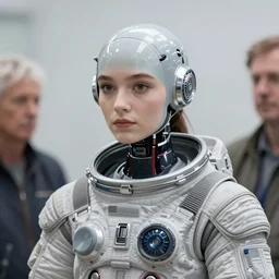 hyperrealist candid photo of a young female android wearing a grey spacesuit by sally mann and hohn howe, fantasy, photo realistic, dynamic lighting, artstation, poster, volumetric lighting, very detailed faces, award winning, full face, symmetry