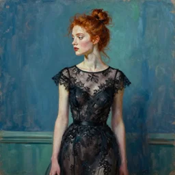 hyperrealism oil painting of a redhead fashion model wearing an evening dress, black transparent lace, messy bun hairstyle, delicate face, looking away, cinematic, intricate details and textures, soft lighting, epic pose, in front of a blue - green wall, by artgerm, greg rutkowski, alphonse mucha, jeremy lipking, 8 k