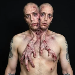 body horror, man with badly drawn tattoos, scars, extra limbs, missing fingers, conjoined twins, liposuction, face tattoos, body modification, body hair, contact lenses