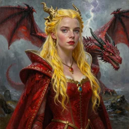 a realistic detail portrait of a beautiful queen look like Anya taylor-joy in middle earth, raining, thunder, magic, dragon, oil painting by Julian calle, wlop, greg rutkowski, Finnian MacManus, Trending on artstation, red  and yellow scheme, 8k, RE Engine