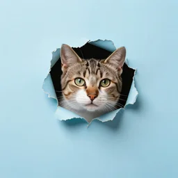 a cat poking its head out of a teared hole in a light blue wall