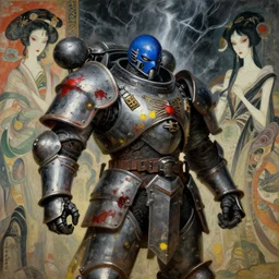 composition of gothic and futuristic, warhammer, cyberpunk japan style armor, more and more scars, thunderstorm, blue head, some red and yellow, the middle ages, highly detailed, artstation, in the style of moebius, jugendstil and classic japanese print, painting by agostino arrivabene, vanessa beecroft, composition by richard corben