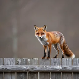 one lone fox ontop a wooden fence