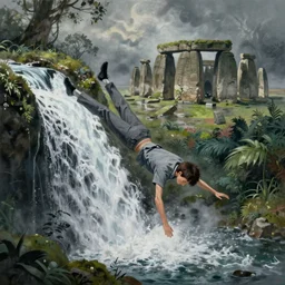 hyperrealist painting of a skinny grey scientist falling in a waterfall from howl's moving castle ( 2 0 0 4 ) in a flooded monument valley stonehenge jungle. moody, misty, depth perception.