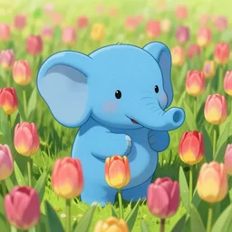 a little blue elephant on a field of tulips, anime art, high resolution 4 k, art by terry moore