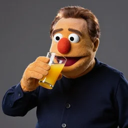 portrait of skin cloth danny devito as a muppet puppet in sesame street drinking a glass of orange juice, dlsr photo, studio lighting, sigma lens, rim light