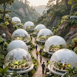 vertical farms and white sci - fi dome in a steep sided valley with trees, a sense of hope and optimism, busy workers, hyper realistic, high res, 4 k, warm light, edouard groult, bynde, kirill leonov