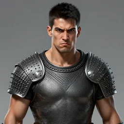 realistic portrait, 30 year old man, spanish :: athletic, angered, short black hair :: chain mail :: high detail, digital art, RPG, concept art, illustration