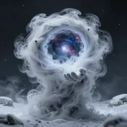 man made of swirling smoke and wind - blown snow, holding a portal to the universe, photorealistic, highly detailed, octane render